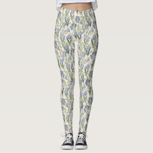 Birthday Gift Seamless Blue Flower and Green Leaf Leggings