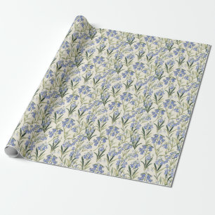 Birthday Gift Seamless Blue Flower and Green Leaf Wrapping Paper