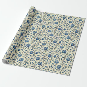 Birthday Gift Seamless Blue Flower and Leaf Wrapping Paper
