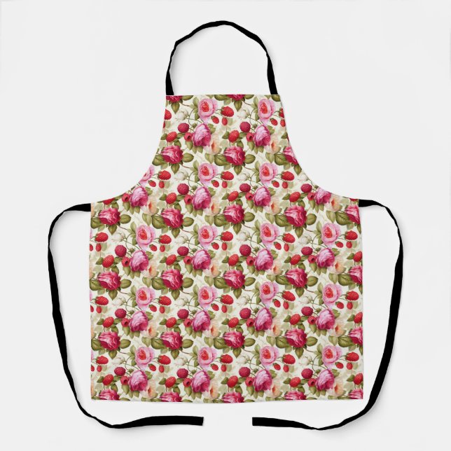 Birthday Gift | Seamless Pink Rose and Raspberry Apron (Front)