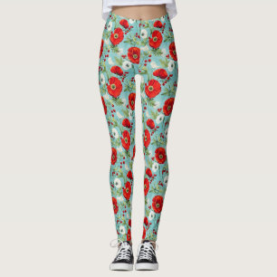 Birthday Gift Seamless Red and White Poppy Leggings
