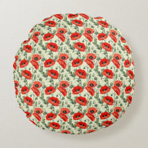 Birthday Gift   Seamless Red Poppy Round Cushion