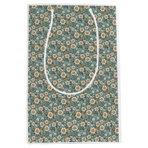 Birthday Gift Teal and Beige Floral Pattern Medium Gift Bag