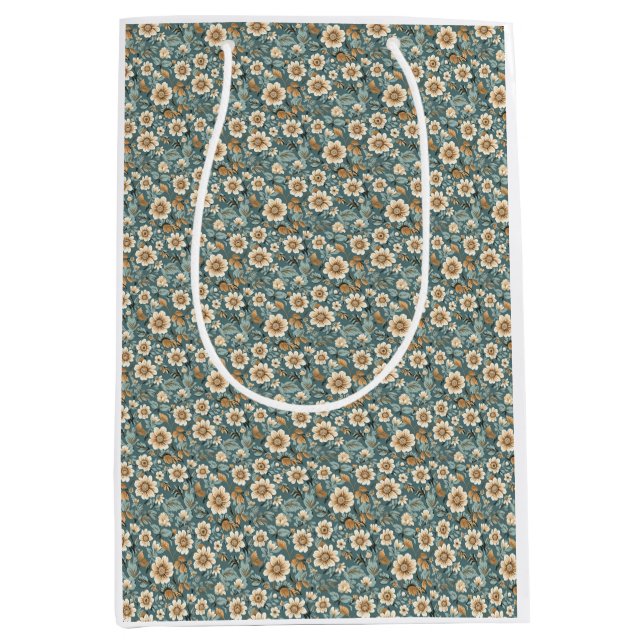 Birthday Gift | Teal and Beige Floral Pattern Medium Gift Bag (Front)