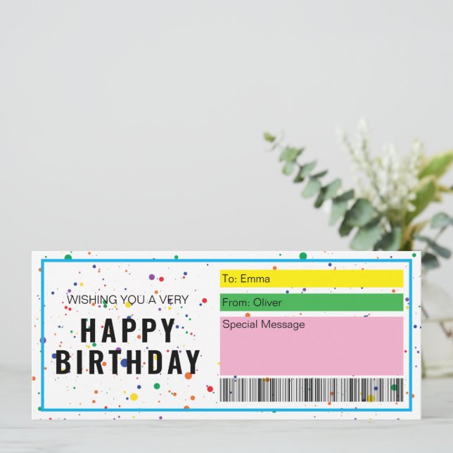 Birthday Gift Ticket Birthday Present Certificate Invitation (Standing Front)