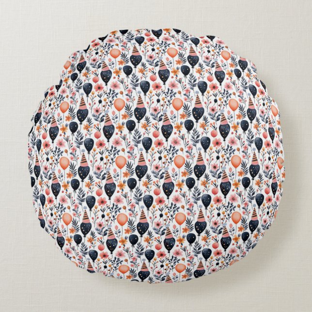Birthday Gift | Whimsical Balloon and Flower Round Cushion (Front)