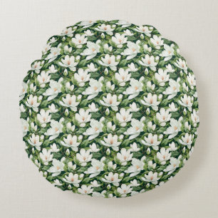 Birthday Gift White Magnolia Flowers Seamless Round Cushion