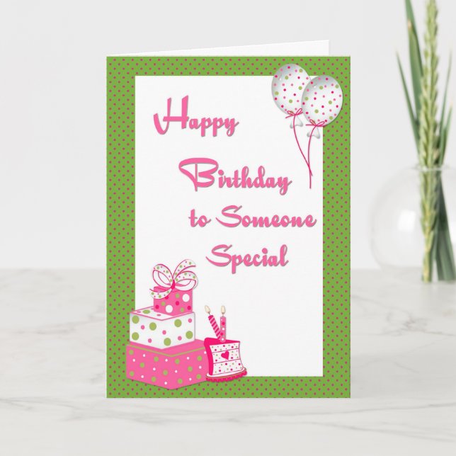 Birthday Gifts with Balloons Pink and Green Dots Card (Front)