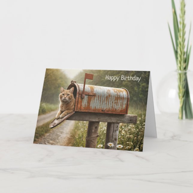 Birthday Ginger Cat In a Mailbox Card (Front)