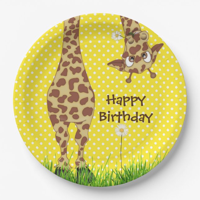 Birthday Giraffe On Polka Dots With Daisy  Paper Plate (Front)