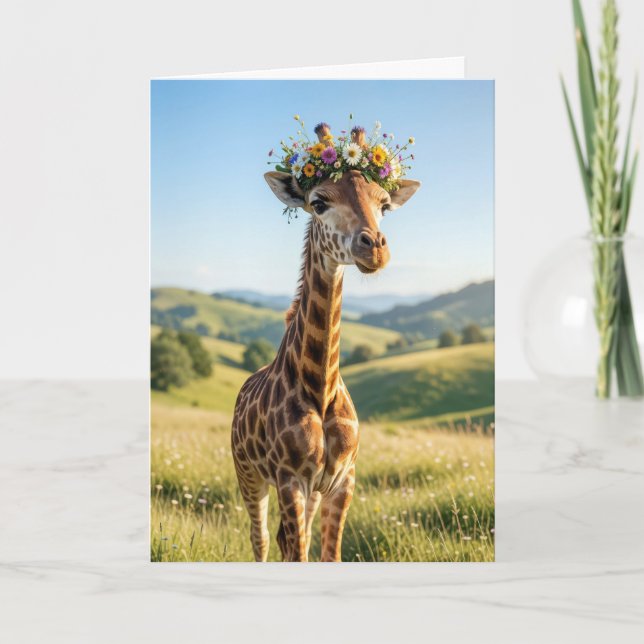 Birthday Giraffe with Floral Crown Card (Front)