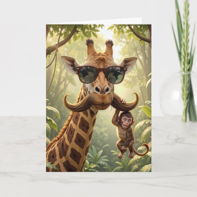 Birthday Giraffe With Moustache and Monkey Card (Front)