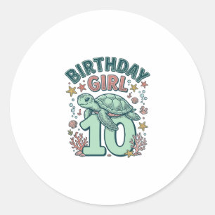 Birthday Girl 10 Sea Turtle Vintage Engraving Desi Classic Round Sticker