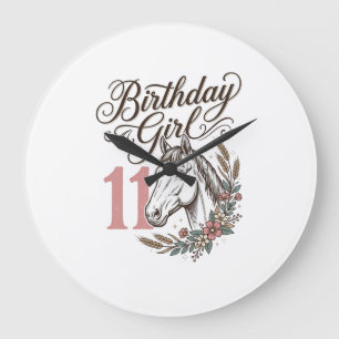 Birthday Girl 11 Horse Floral Vintage Shirt Design Large Clock