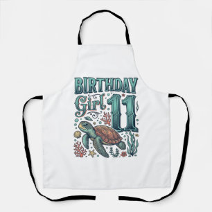 Birthday Girl 11 Sea Turtle Vintage Engraving Desi Apron