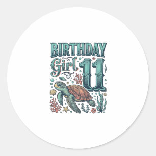 Birthday Girl 11 Sea Turtle Vintage Engraving Desi Classic Round Sticker