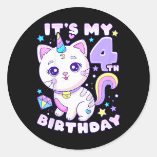 Birthday Girl 4 Years Old, Cat, Unicorn, 4th Birth Classic Round Sticker