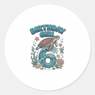 Birthday Girl 6 Sea Turtle Vintage Party Design_1 Classic Round Sticker