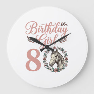 Birthday Girl 8 Horse Floral Vintage Shirt Design Large Clock
