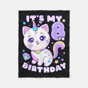 Birthday Girl 8 Years Old, Cat, Unicorn, 8th Birth Fleece Blanket