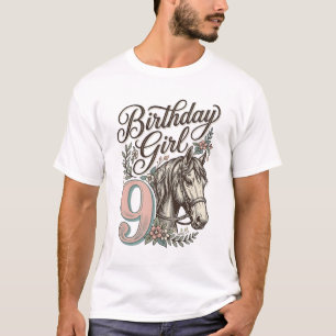 Birthday Girl 9 Horse Floral Vintage Engraving Des T-Shirt