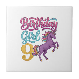 Birthday Girl 9 Unicorn Vintage Engraving Design_1 Ceramic Tile