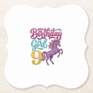 Birthday Girl 9 Unicorn Vintage Engraving Design_1 Paper Coaster