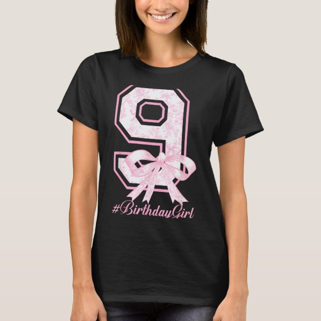 Birthday Girl 9th Birthday Nk Floral Coquette Bow  T-Shirt (Front)