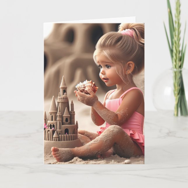 Birthday Girl Admiring a Seashell Card (Front)