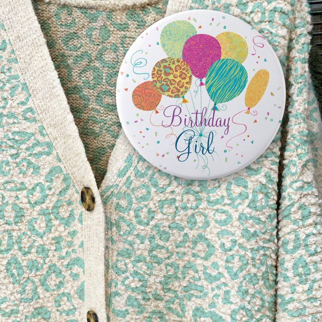 Birthday Girl Animal Pattern Balloons Button (Creator Uploaded)