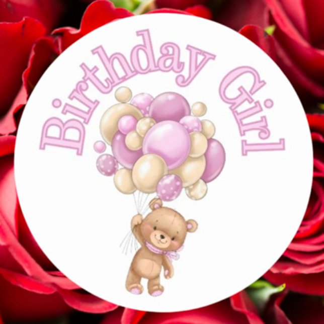 Birthday Girl Bear Baby Shower  Classic Round Sticker (Celebrate your baby shower with our adorable Birthday Girl Bear classic round sticker.)