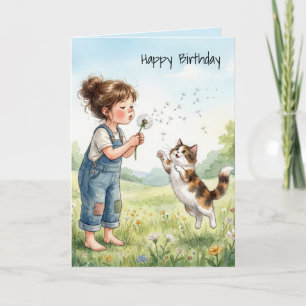 Birthday Girl Blowing Dandelion Seeds with Cat Card