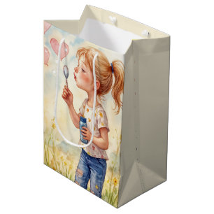 Birthday Girl Blowing Heart Bubbles Medium Gift Bag