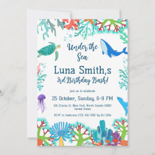 Birthday Girl Colourful Sea Animals Theme Party Invitation