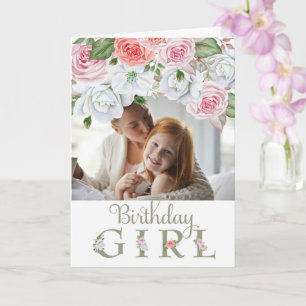Birthday Girl Custom Photo Watercolor Flowers Card