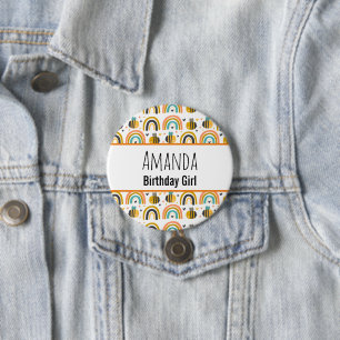 Birthday Girl Cute Bumble Bee and Rainbows Pattern 7.5 Cm Round Badge