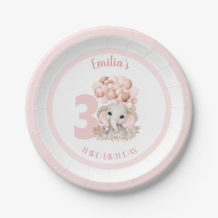 Birthday Girl Cute Elephant Pink Paper Plates