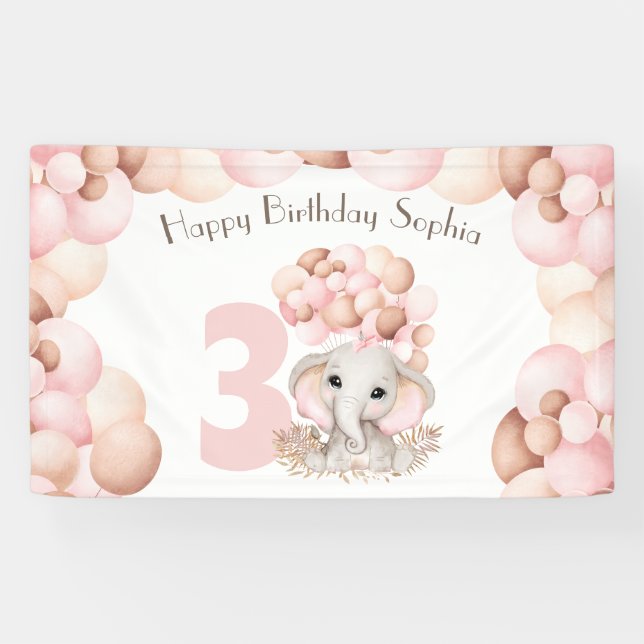 Birthday Girl Cute Pink Elephant  Banner (Horizontal)
