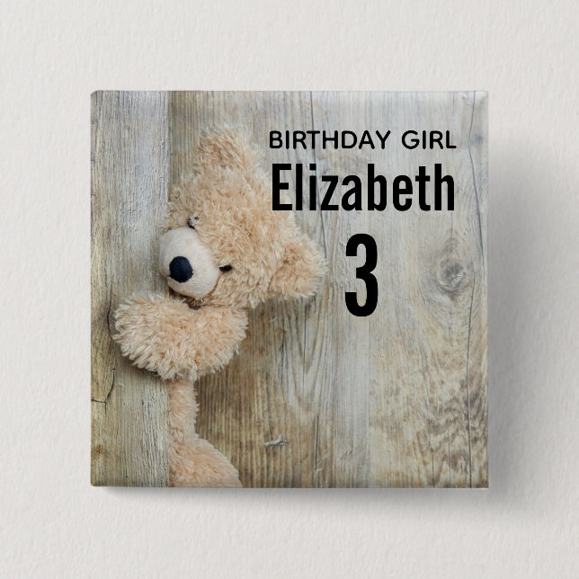 Birthday Girl Cute Stuffed Bear Photo 15 Cm Square Badge (Front)