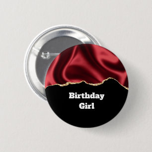 Birthday Girl Dark Red Glam Wavy Satin Abstract -  6 Cm Round Badge