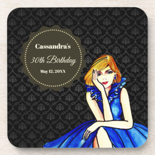 Birthday Girl Dark Royal Blue Cocktail Gown Damask Coaster