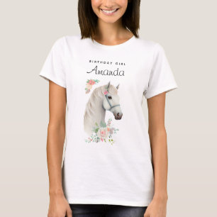 Birthday Girl Elegant White Horse Boho Floral T-Shirt