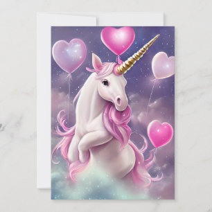 Birthday Girl Fantasy Unicorn with Pink Balloons Holiday Card