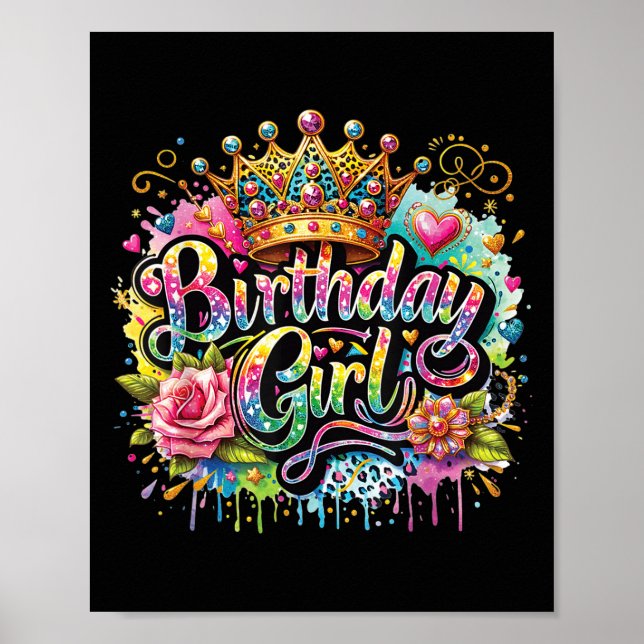 Birthday Girl Floral Crown Princess Party Cute Gir Poster (Front)