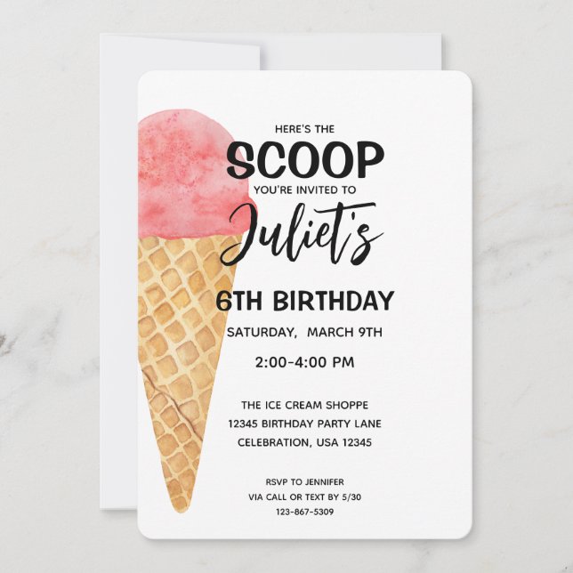 Birthday Girl Ice Cream Cone Pink Party Invitation (Front)