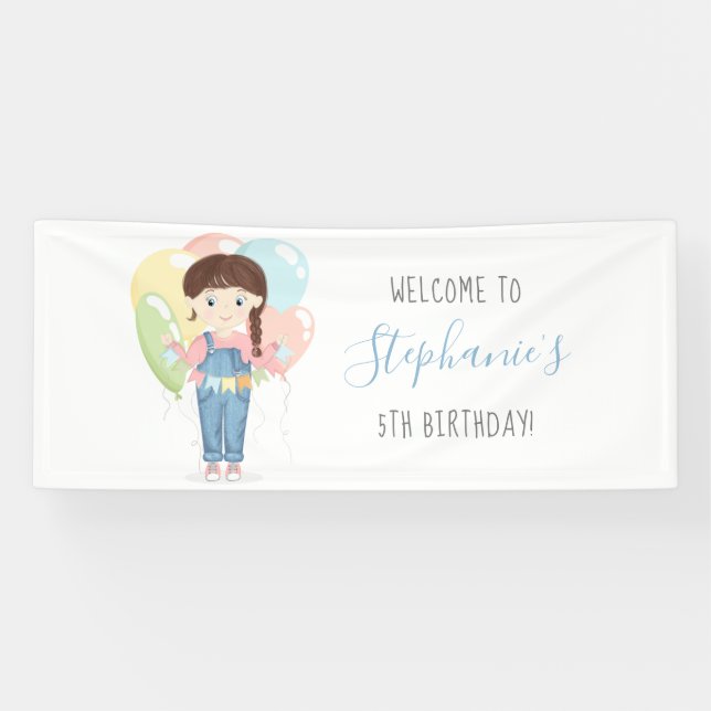 Birthday Girl in Overalls Brunette Banner (Horizontal)