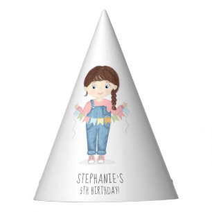 Birthday Girl in Overalls Brunette Party Hat