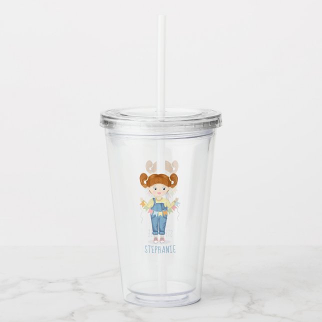 Birthday Girl in Overalls Redhead  Acrylic Tumbler (Front)