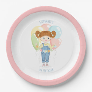 Birthday Girl in Overalls Redhead  Paper Plate