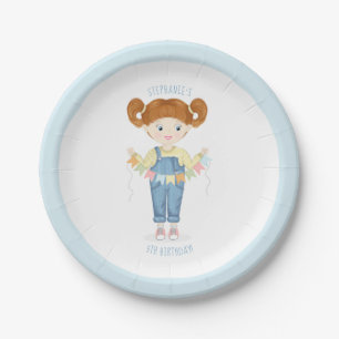 Birthday Girl in Overalls Redhead  Paper Plate
